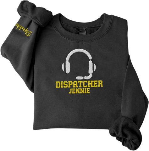 Custom Dispatcher Embroidered Sweatshirt with Thin Gold Line Flag 911 Emergency Services Personalized Shirt for Men and Women