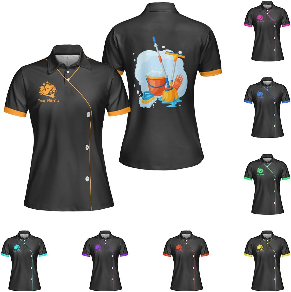 MoonArt Personalized Housekeeping Polo Shirts 3D Print Cleaning Service, Housekeeper House Cleaning Uniforms for Women