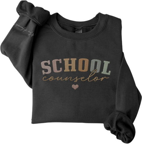 Custom Counselor Embroidered Sweatshirt Retro First Day of School Gift Her Historical Black Casual Long Sleeve Pullover Women