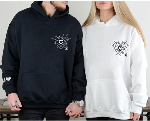 Personalized Embroidered Heart Hoodies For Couples, Matching Couple Sweaters Custom Anniversary Sweatshirts Spider Heart