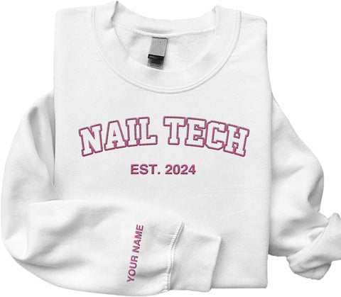 Personalized Embroidered Nail Tech Sweatshirt, Flower Nail Boss Technician Sweatshirt, Nail Stylist Nail Artist Gifts (Cotton, Nail 1)