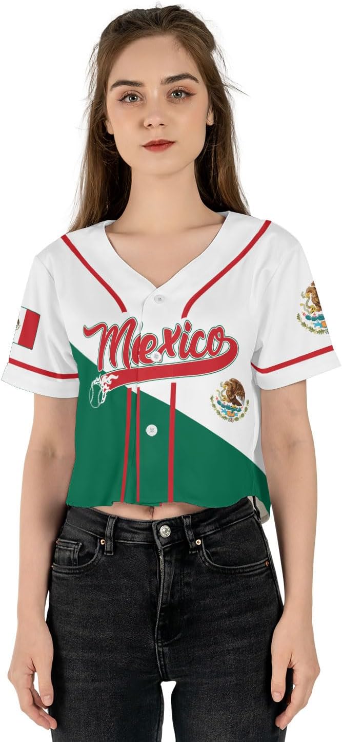 Mostprints Personalized Name Number Mexico Baseball Jersey Croptop Shirt, Mexican Shirts for Women, Mexico Shirts for Women