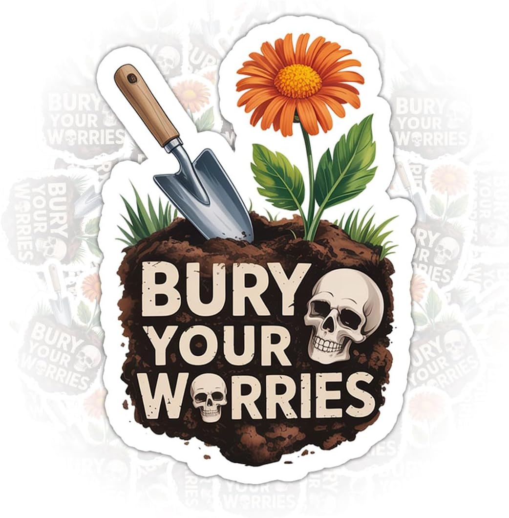 3PCS Bury Your Worries 3" Sticker, Gifts Gothic Positive Message Skull Vinyl Decal Waterproof for Laptop, Car, Journal, Gift for Alternative and Emo Aesthetic, Gift for Coworkers