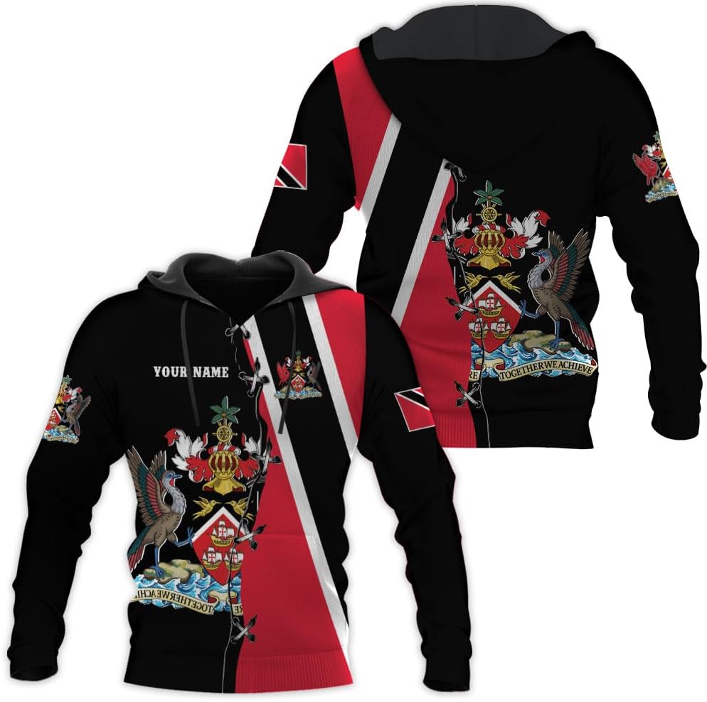Vybonz Personalized Trinidad & Tobago Hoodie 3D Trinidad and Tobago Coat of Arms Flag Sweatshirt Trinidad Pride Zip Hoodie