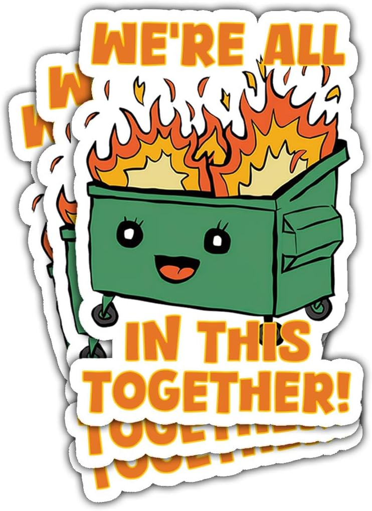 3 Pcs We're All in This Together Sticker Funny Dumpster Fire Sticker Garbage Fire Trash Dumpster Fire Meme Waterproof Vinyl for Laptop Water Bottle Phone Car Helmet Hard Hat Funny Gifts Sticker 3"x3"