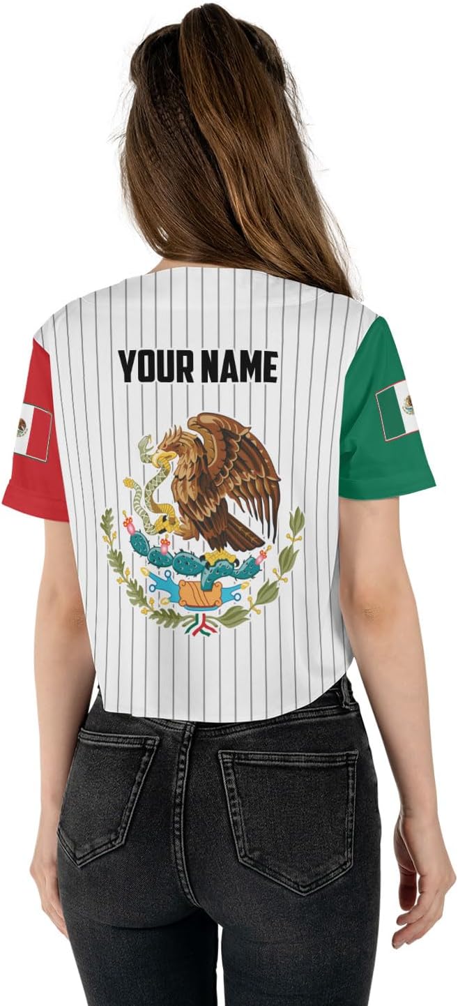 Intenprints Personalized Mexico Crop Top Baseball Jersey Shirt, Mexican Flag Jersey, Mexicano Jersey for Women Mexican Pride