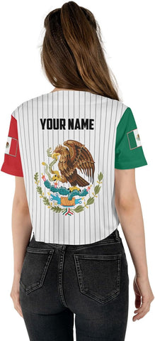 Intenprints Personalized Mexico Crop Top Baseball Jersey Shirt, Mexican Flag Jersey, Mexicano Jersey for Women Mexican Pride