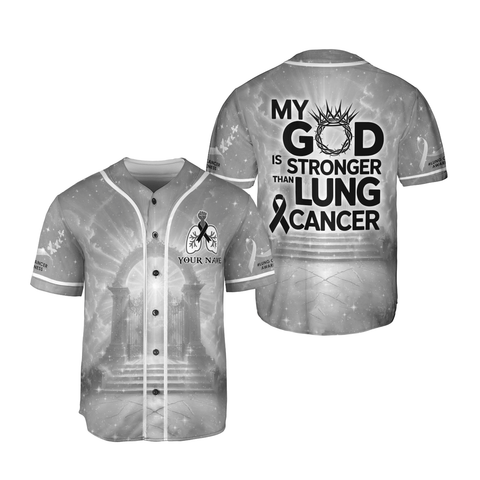 Customized Name My God is stronger than Lung Cancer Jersey, Lung Cancer Awareness Baseball Jersey for women men