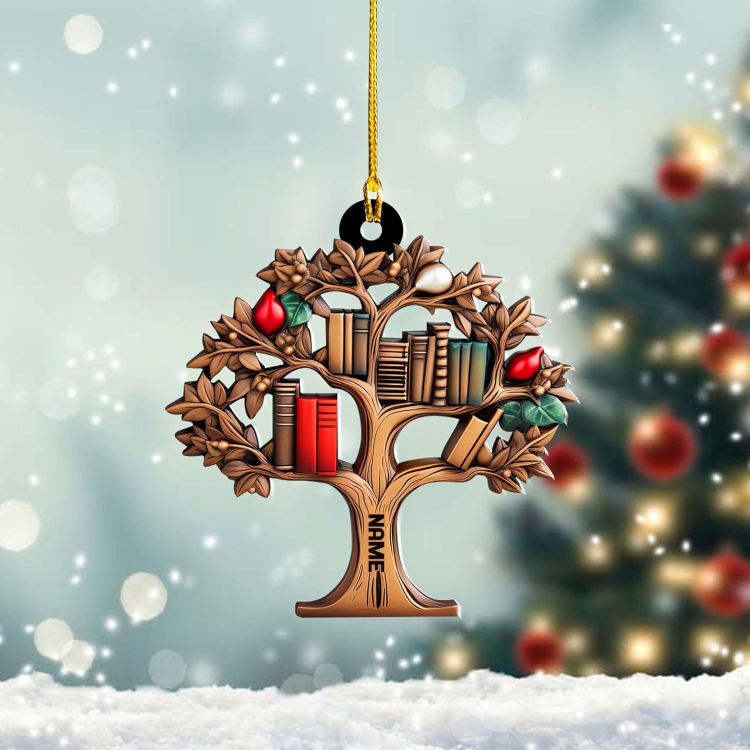 Personalized Book Lovers Heart Ornament, Reading Book Xmas Acrylic 2D Shape Flat Ornament 2024, Bookshelf Ornament Gift for Her Librarian 2D Flat Printed Wood Book Lovers Ornament (Book 2)