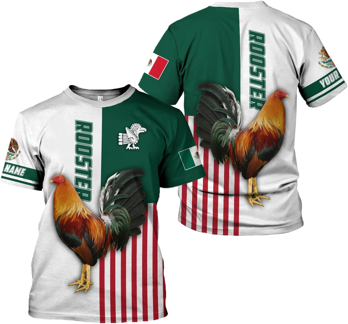 MoonArt Personalized Name Mexican Shirts for Men, Rooster Mexico Shirts for Men, Mexico Shirt Eagle Flag Mexican Eagle