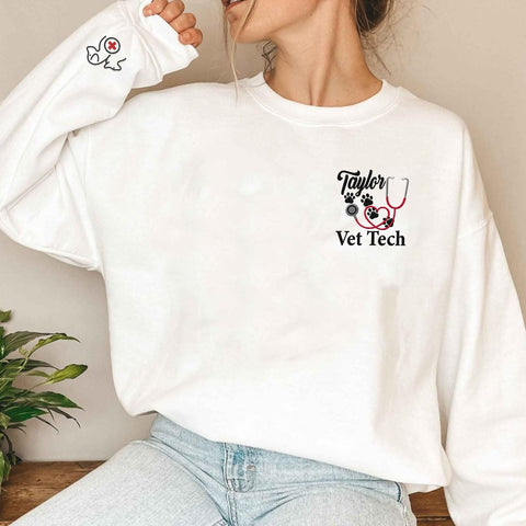 Intenprints Personalized Vet Embroidered Sweatshirt, Veterinarian Shirt with Name, Vet Tech Gift, Stethoscope and Dog Cat Paw