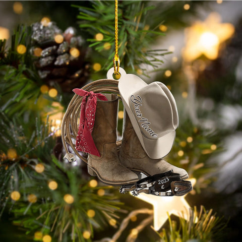 Royalbro Personalized Cowboy Christmas Ornaments, Cowboy Boots and Hat Ornament for Cowboy, Saddle Ornament, Cowboy Cowgirl Horseback Riding Ornament Tree Hanging Ornament (CB 10)
