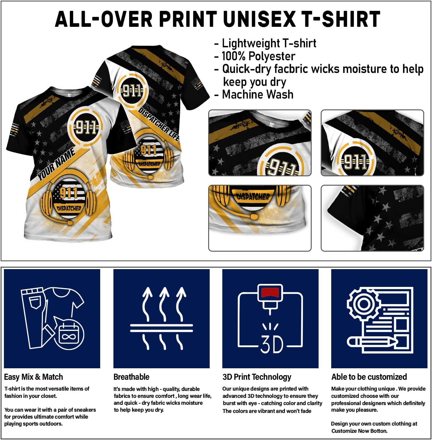 Leeprints Personalized 911 Dispatcher 3D Hoodie, Custom Sweatshirt, Thin Gold Line Flag 3D Zip Shirt