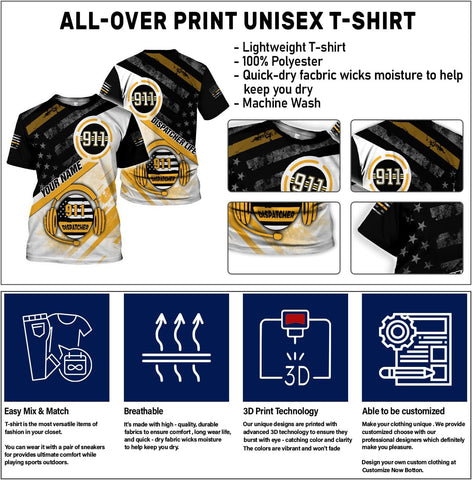 Leeprints Personalized 911 Dispatcher 3D Hoodie, Custom Sweatshirt, Thin Gold Line Flag 3D Zip Shirt