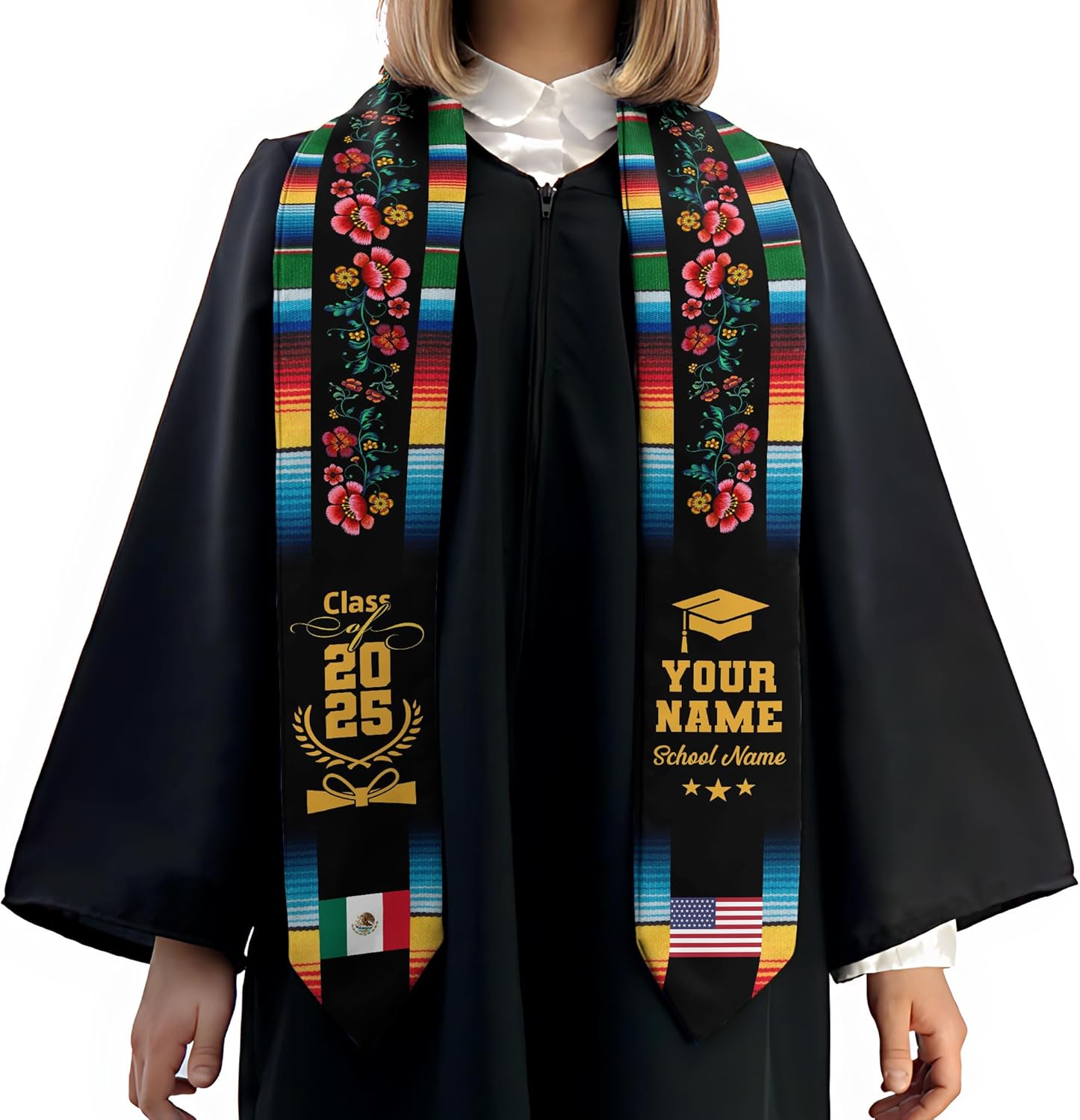 Custom Mexican Graduation Sash, Mexico Graduation Stole Customize Photo, Mexican American Flag Graduation Sash 2025