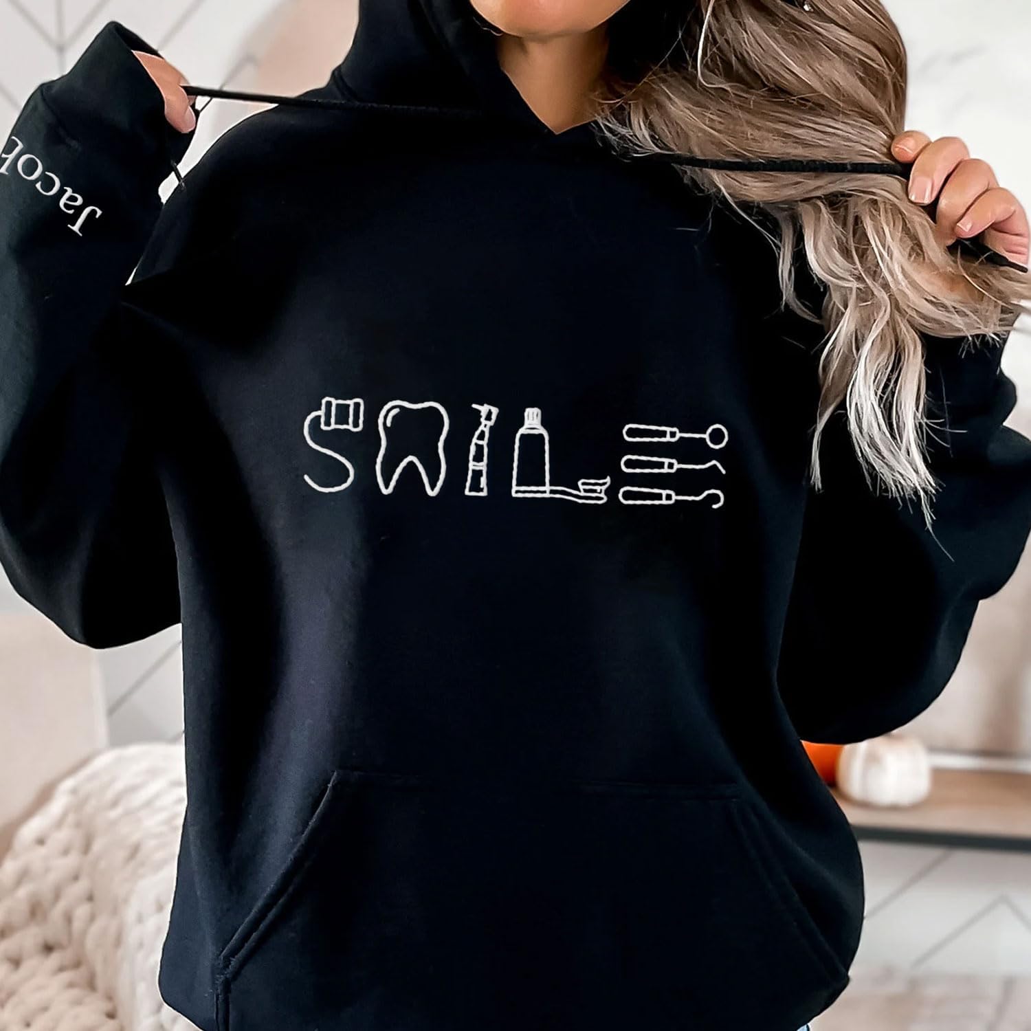 Personalized Dental Assistant Dental Hygienist Embroidered Sweatshirt Crew Neck Smile Dental Teeth Dentist Shirt Long Sleeve