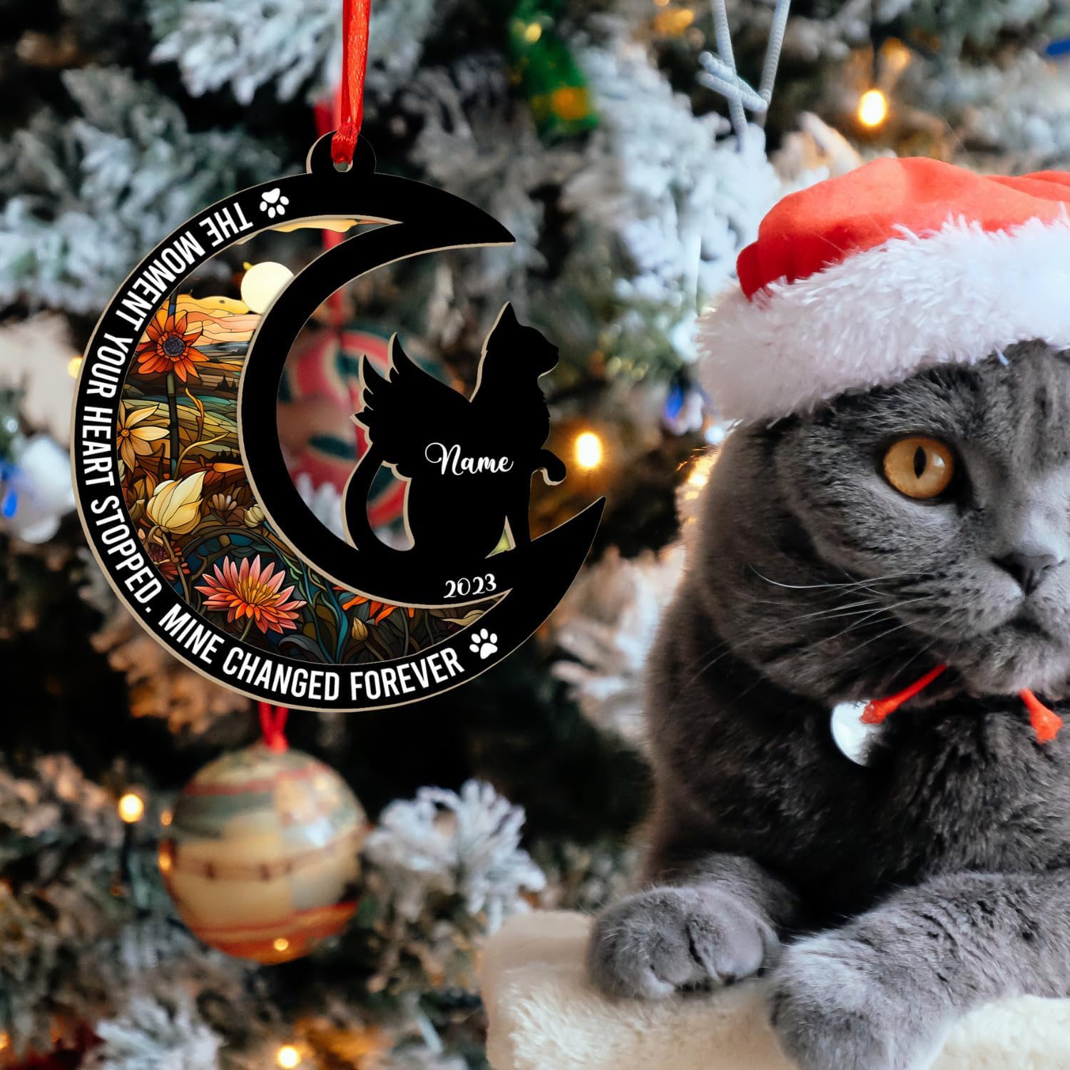 MAPrints Personalized Cat Christmas Ornaments, Cat First Christmas Suncatcher Wood Ornaments, Gifts for Cat Lovers, Cat Memorial Ornament, Forever Loved Cat Keepsake, Cat Loss Gifts (CAT 12+)