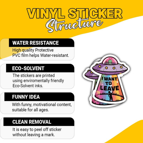 Want to Leave Alien UFO 3" Sticker – Funny Space Humor Vinyl Decal Waterproof for Laptop, Water Bottle, Notebook, Car, Helmet – Gift for Introverts, Sci-Fi Fans
