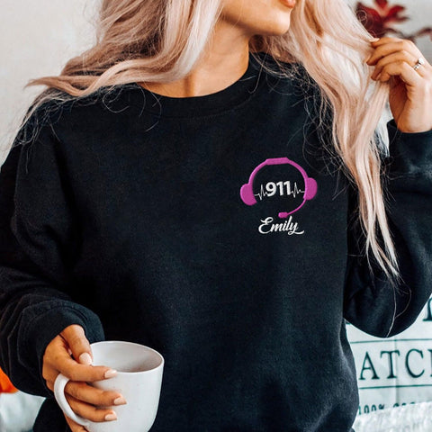 Leeprints Personalized Embroidered Dispatcher 911 Sweatshirt, Pulse Dispatch Embroider Hoodie, Thin Gold Line 911