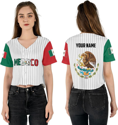 Intenprints Personalized Mexico Crop Top Baseball Jersey Shirt, Mexican Flag Jersey, Mexicano Jersey for Women Mexican Pride