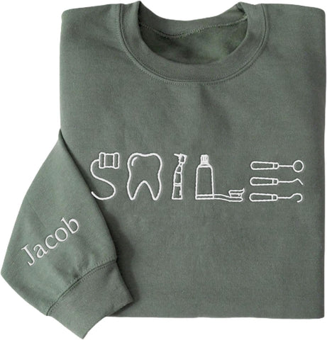 Personalized Dental Assistant Dental Hygienist Embroidered Sweatshirt Crew Neck Smile Dental Teeth Dentist Shirt Long Sleeve