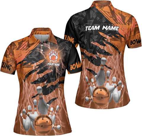 Custom 3D Bowling Polo Shirts for Women Personalized Team Name Gift Womens Customized Funny Bowling Short Sleeve Polo Shirt