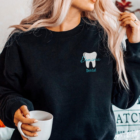 Personalized Dental Assistant Dental Hygienist Embroidered Sweatshirt Crew Neck Smile Dental Teeth Dentist Shirt Long Sleeve
