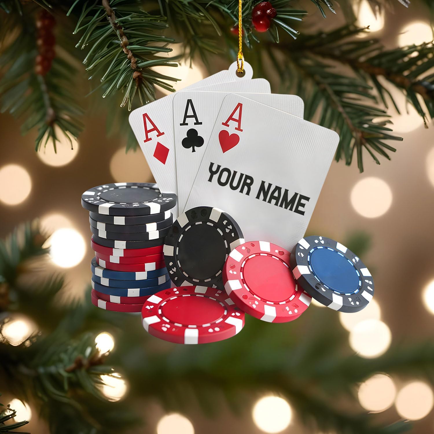 MAPrints Personalized Poker Christmas Ornament 2024, Poker Player Ornament, Sport Keepsake Present, Playing Cards Deck Wood Game Ornaments, Poker Aces Cards Chips Gambling Ornament (PK 7)