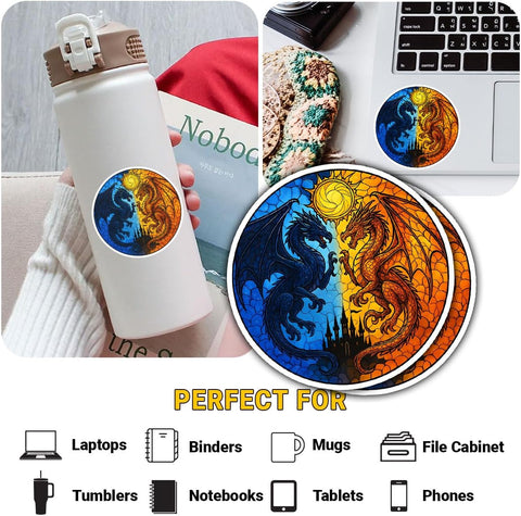 (3PCS) Sun and Moon Dragon Sticker, Fantasy Fire and Ice Dragon Vinyl Decal 3 inches Waterproof for Laptop, Journal, Water Bottle, Car, Scrapbook – Elemental Balance Sticker for Gamers 3 Inch