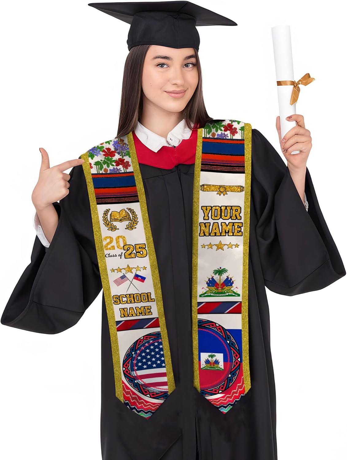 Pretyprints Haitians Graduation Sash, Haiti Graduation Stole Custom, Personalized Haitians American Flag Graduation Sash 2025