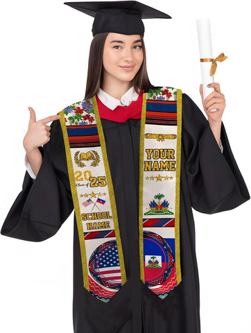 Pretyprints Haitians Graduation Sash, Haiti Graduation Stole Custom, Personalized Haitians American Flag Graduation Sash 2025