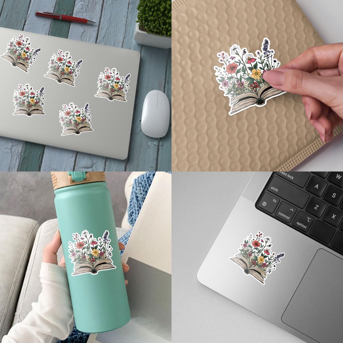 3 Pcs Flower Sticker Book, Books Car Decal Vinyl Stickers, Flower Car Sticker, Book Club Decorations - Stickers for Laptop Water Bottle Phone Car Window Helmet Vinyl Stickers 3 Inches