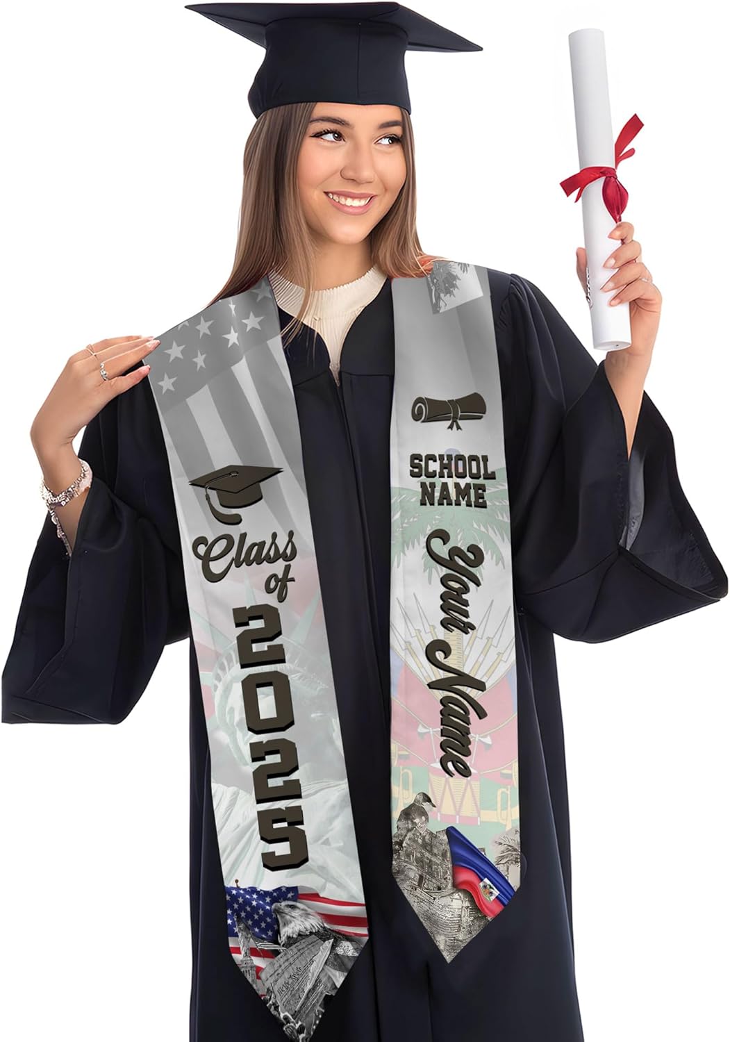 Pretyprints Haitians Graduation Sash, Haiti Graduation Stole Custom, Personalized Haitians American Flag Graduation Sash 2025