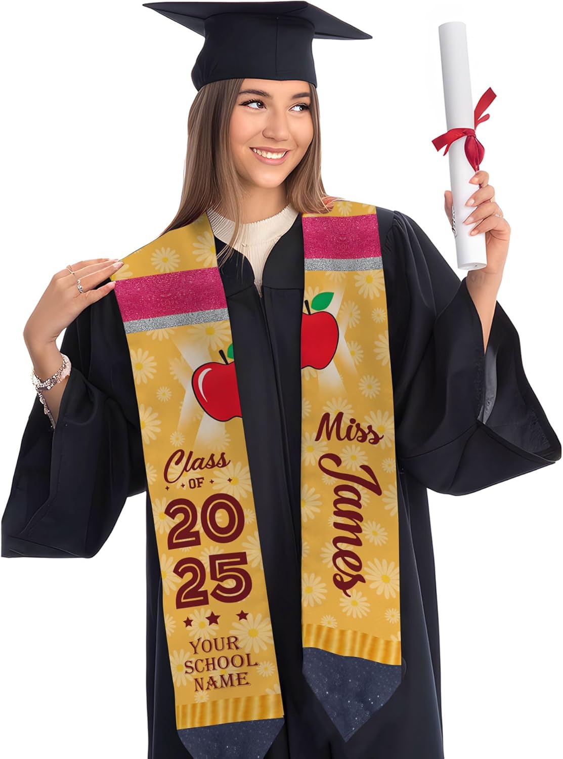 Pretyprints Personalized Class Of 2025 Teacher Graduation Stole Custom Teacher Pencil Graduation Sash Gift College Graduation