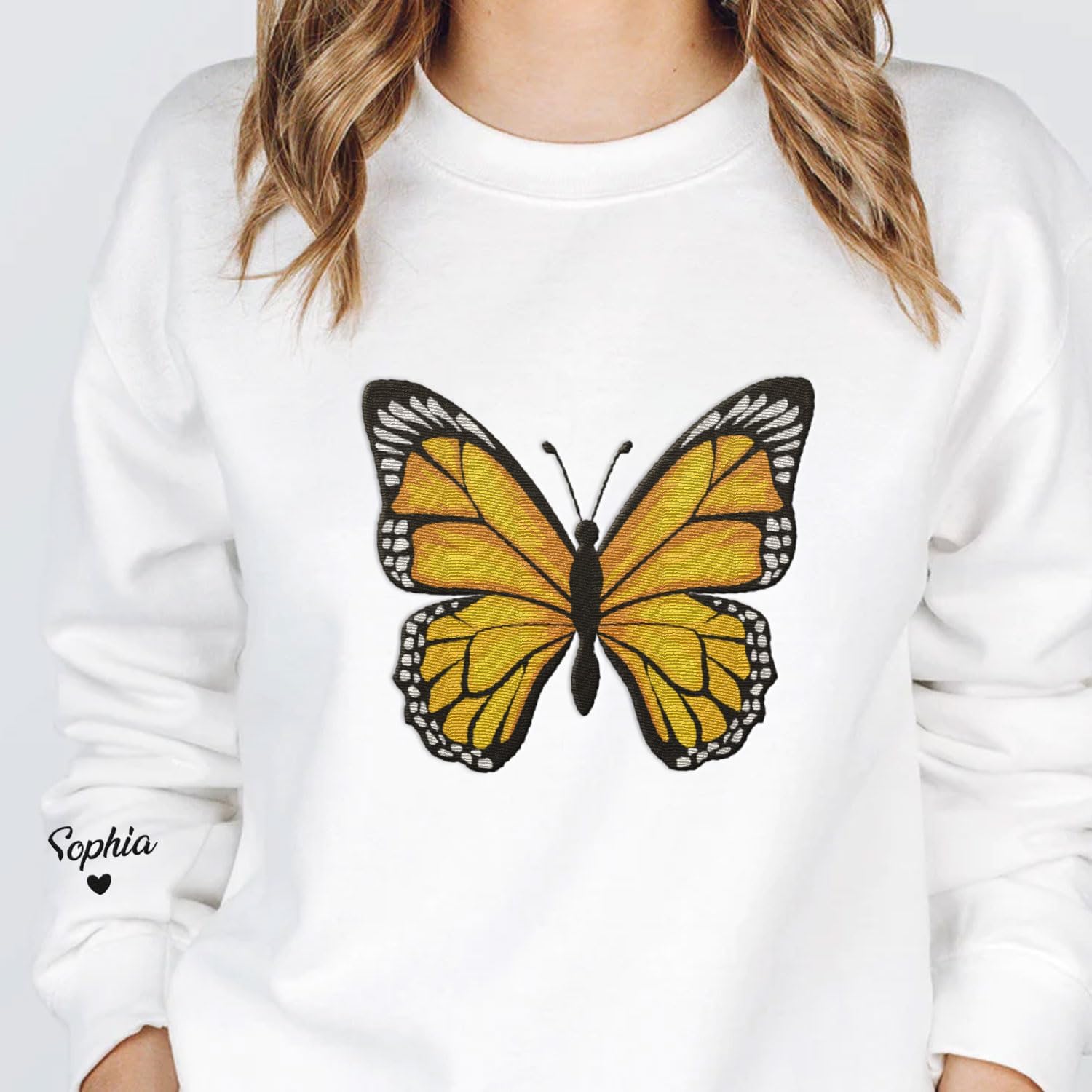 Podagree Personalized Butterfly Embroidered Sweatshirt, Custom Pink Butterfly Hoodie Name FLower Graphic