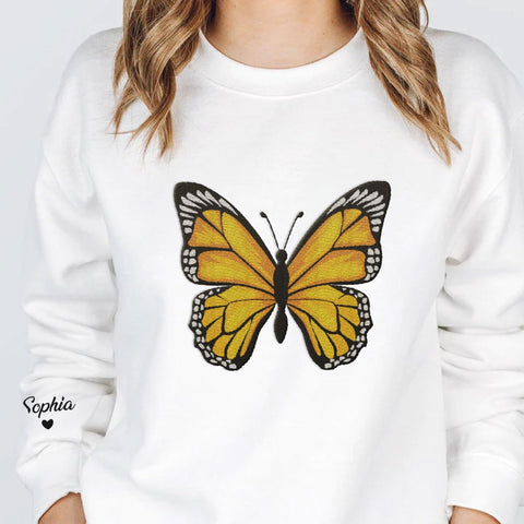 Podagree Personalized Butterfly Embroidered Sweatshirt, Custom Pink Butterfly Hoodie Name FLower Graphic