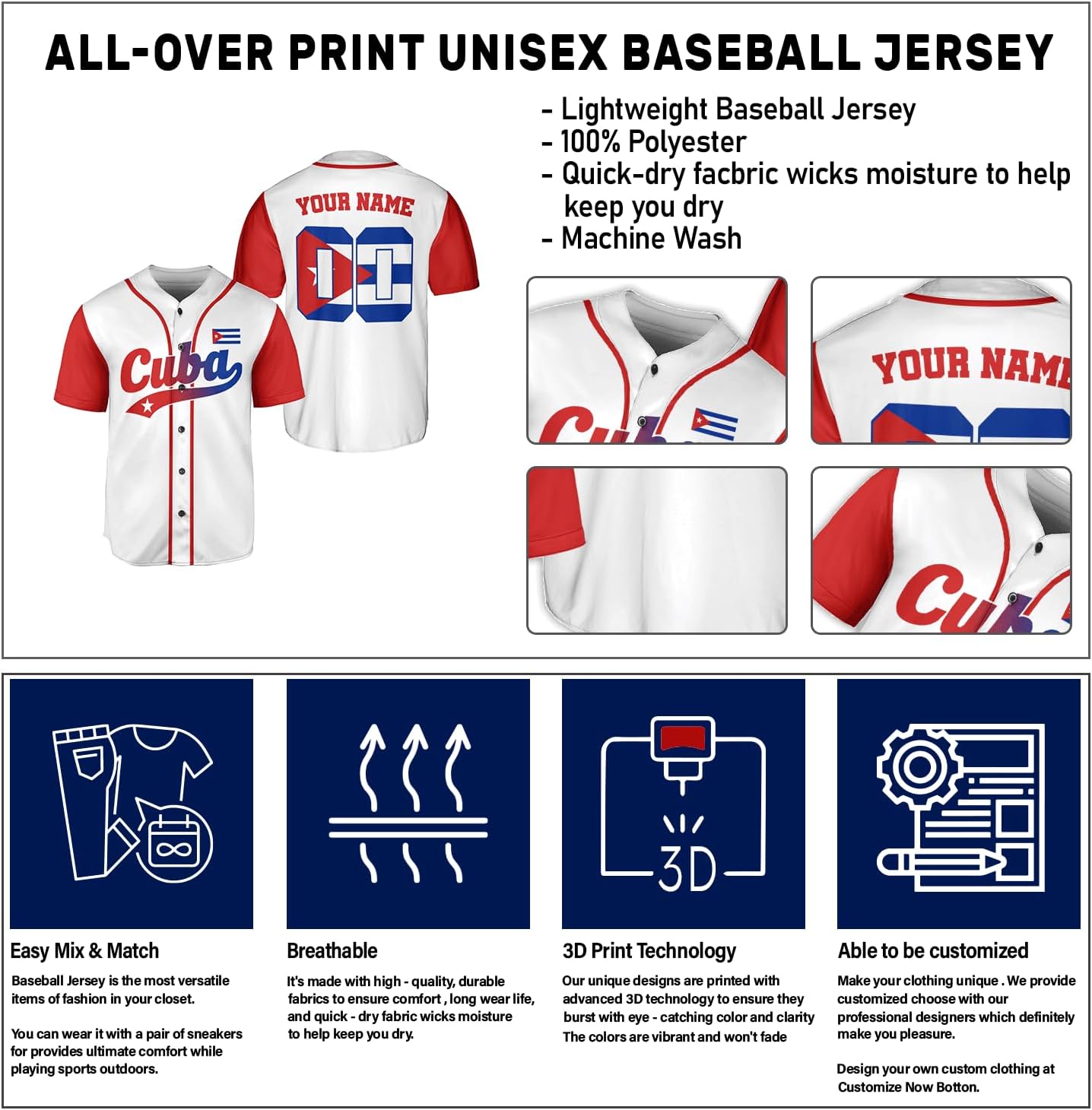 MAPrints Personalized Name Cuba Baseball Jersey Shirt, Republic of Cuba Flag Pride Jersey, Cuban Jersey Camisa for Men &Women