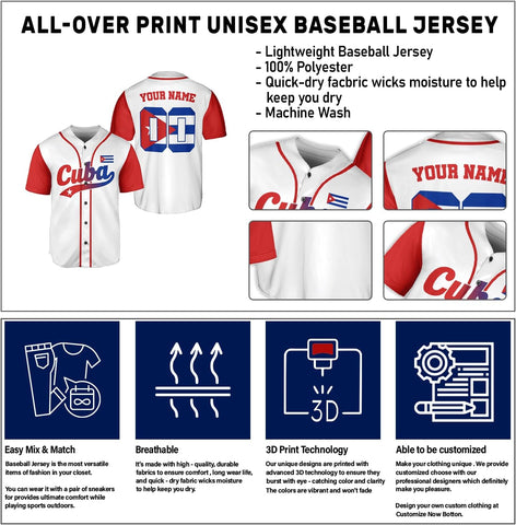 MAPrints Personalized Name Cuba Baseball Jersey Shirt, Republic of Cuba Flag Pride Jersey, Cuban Jersey Camisa for Men &Women