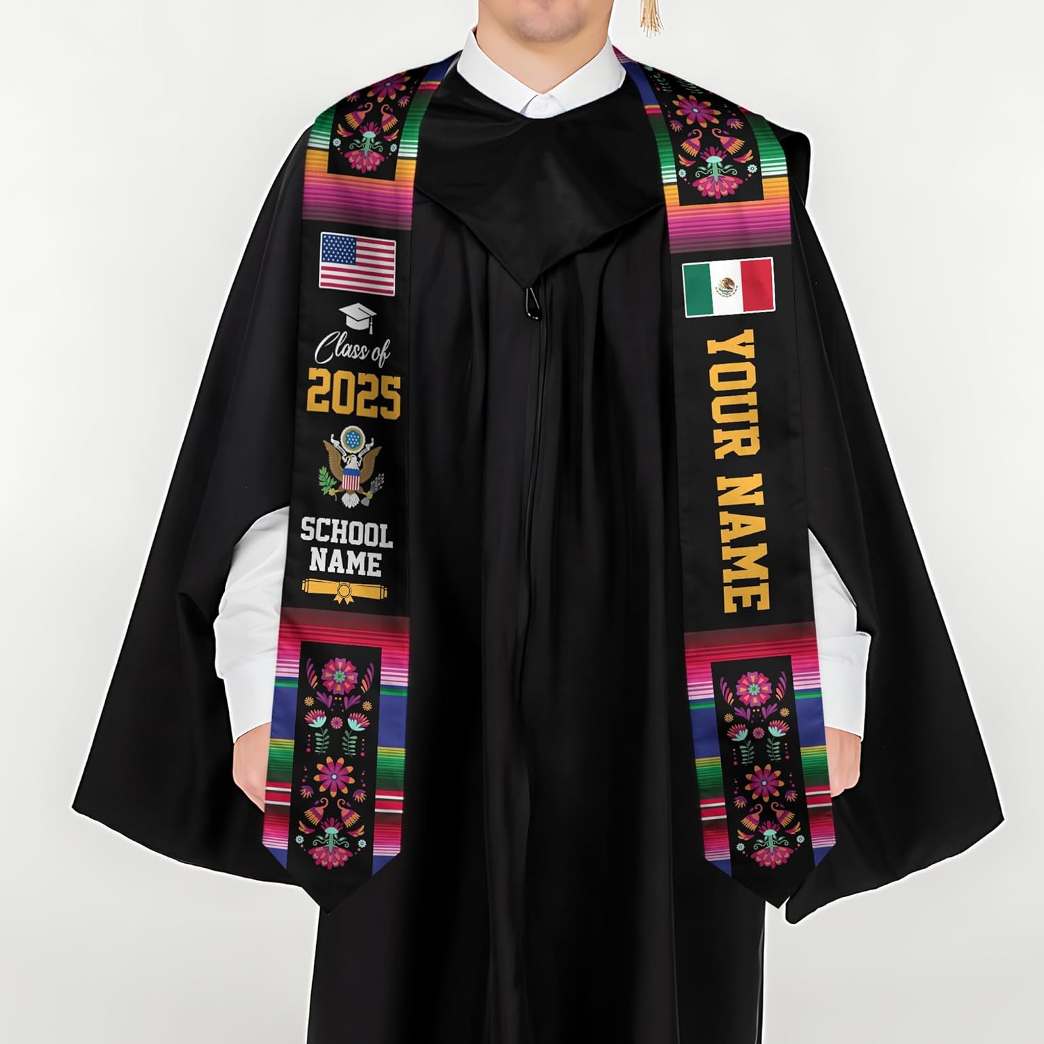 Custom Mexican Graduation Sash, Mexico Graduation Stole Customize Photo, Mexican American Flag Graduation Sash 2025