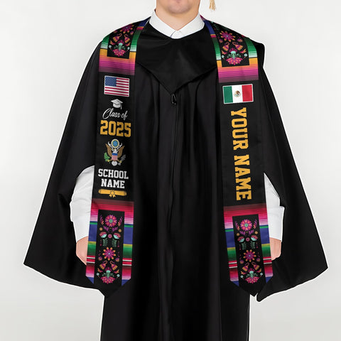 Custom Mexican Graduation Sash, Mexico Graduation Stole Customize Photo, Mexican American Flag Graduation Sash 2025