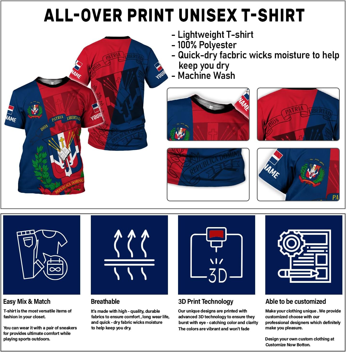 Custom Dominican Republic 3D Shirts for Men Dominicana Flag Shirts Dominican Flag Tshirt Dominican Independence Day