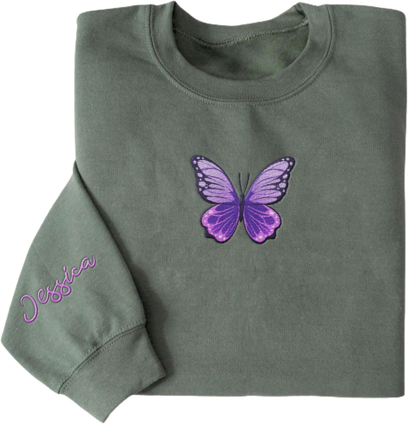 Podagree Personalized Butterfly Embroidered Sweatshirt, Custom Pink Butterfly Hoodie Name FLower Graphic