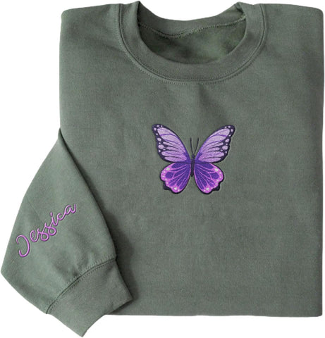 Podagree Personalized Butterfly Embroidered Sweatshirt, Custom Pink Butterfly Hoodie Name FLower Graphic