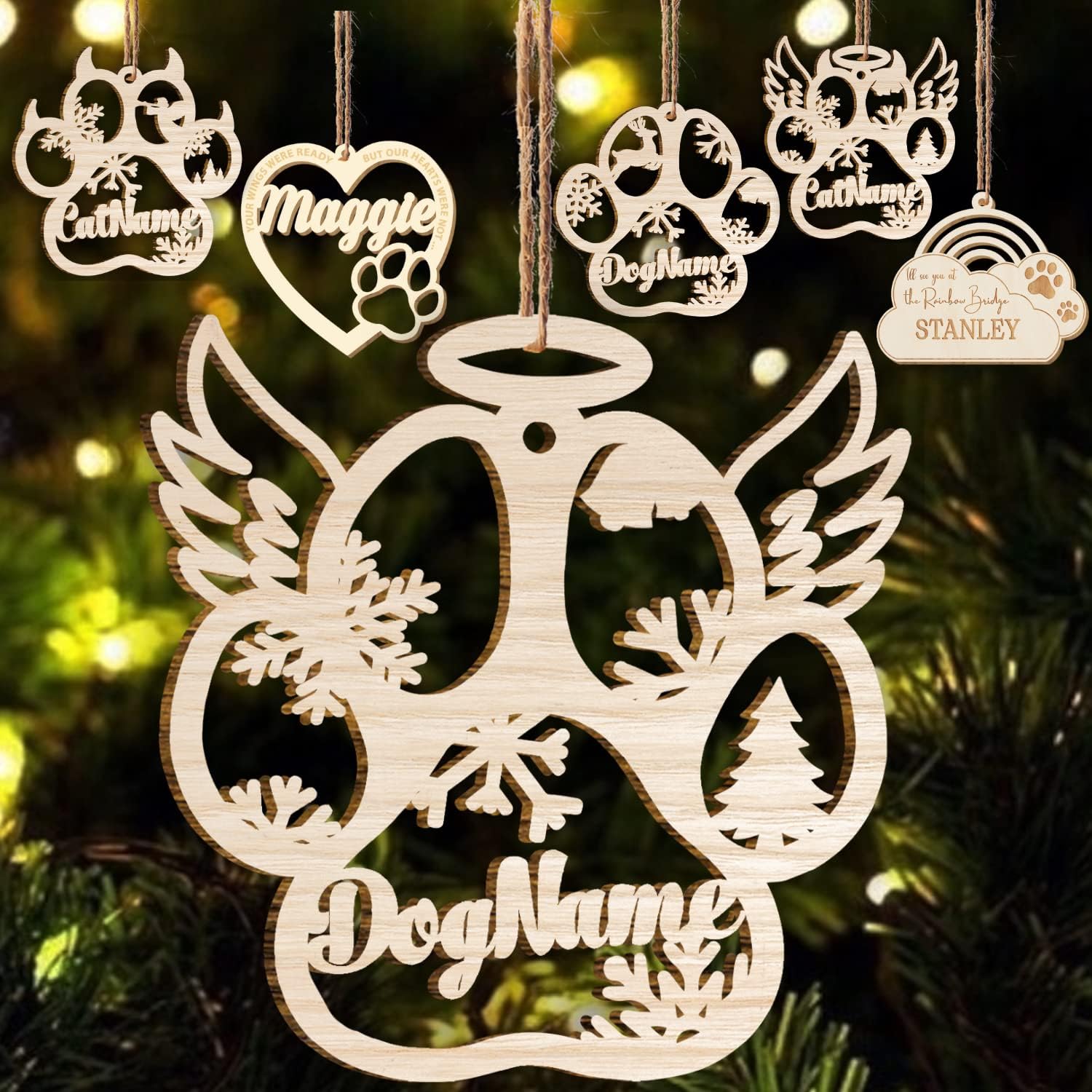 Mostprints Personalized Wooden Dog Cat Paw Ornament Christmas, Custom Dogs Cat Suncatcher Pet Name Ornaments, Customized Memorial Dog Ornament for Christmas Tree