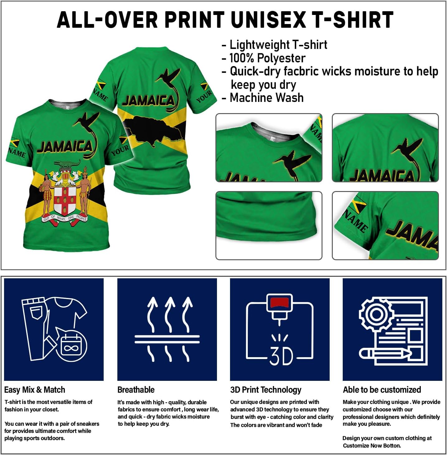 Ligthuy Personalized Jamaica Shirt 3D, Custom Jamaica Flag Lion Shirt for Men and Women, Jamaican Pride T-Shirt Unisex