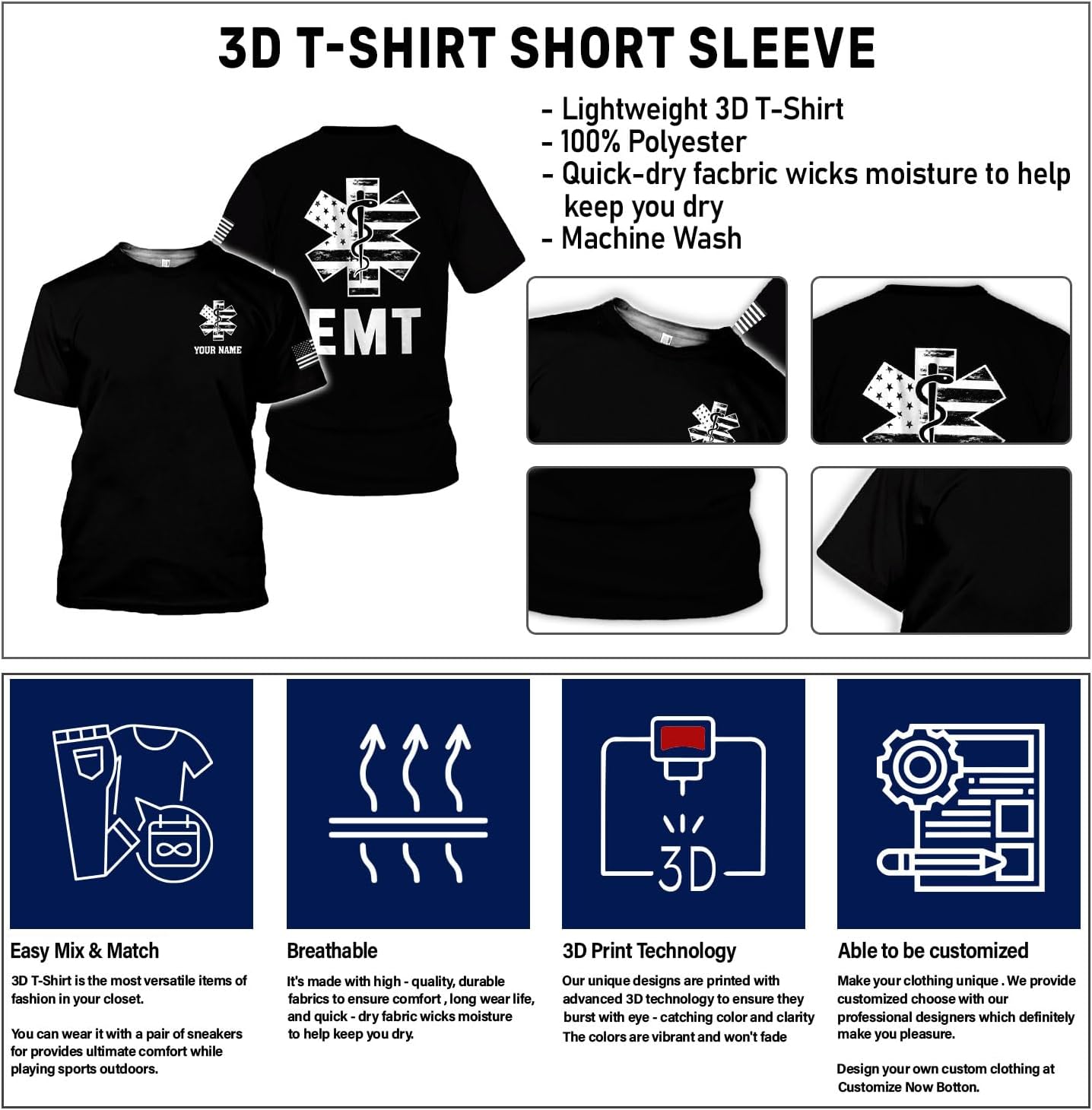 Mostefy Personalized EMT Shirt, EMS Shirt, Customized EMS Shirts,EMT Paramedic Uniform Emergency Medical Technician Shirts