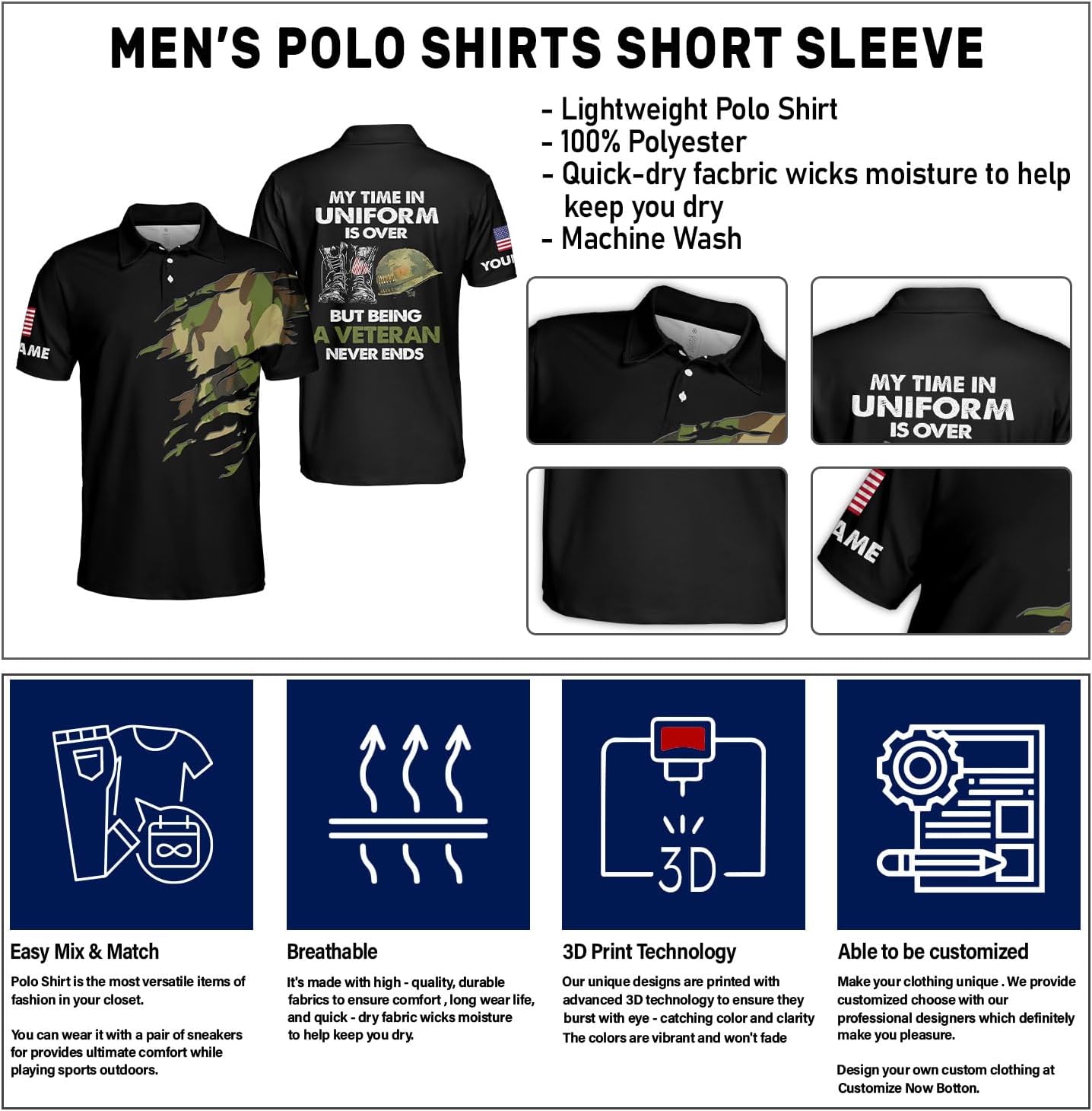 Veteran Polo Shirt for Men Custom US Army Polo Shirts Military Veterans Pride American Flag Gifts Memorial Day Army Shirts