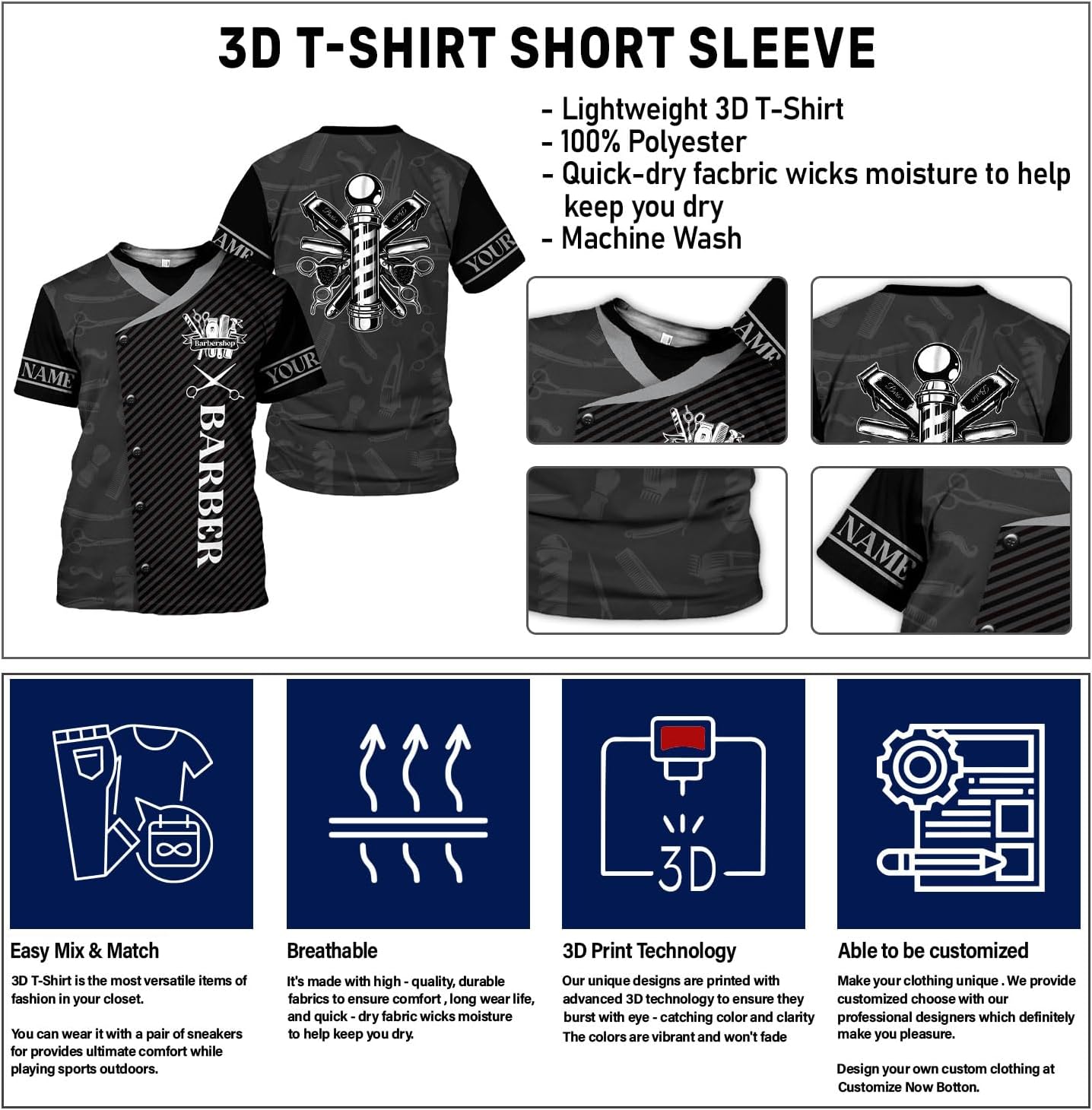 Personalized 3D T-Shirt, Custom Name Barber Shop Shirt for Men Women, Barber Shop Hoodies Gift for Hairdresser