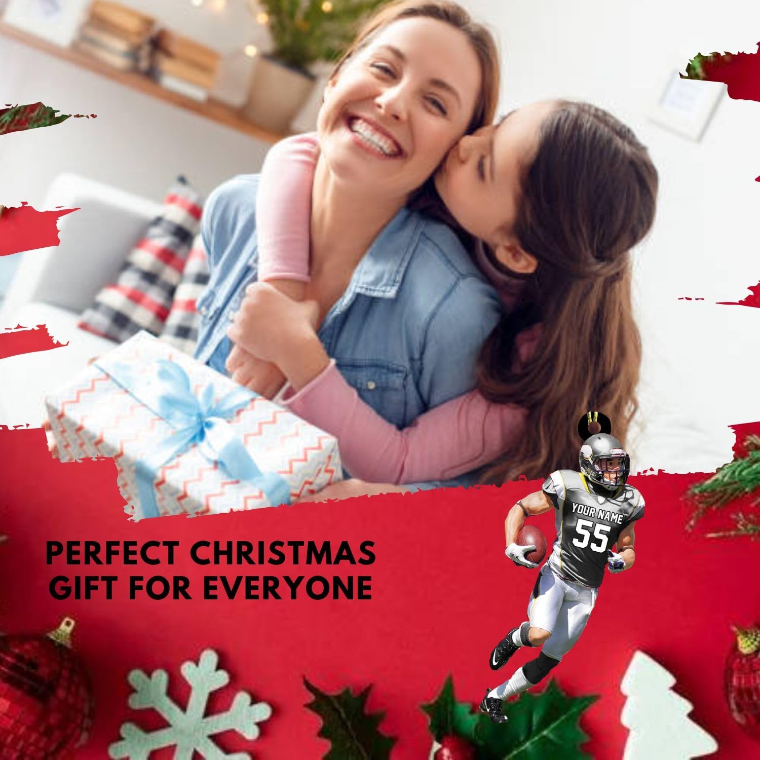 MoonArt Personalized Name Football Ornaments 2023, Customized Football Christmas Ornaments Wood Ornament Christmas Tree Hanging Ornament Pine Tree Decorations for Kid Couple Friends Family, Red (FB2)