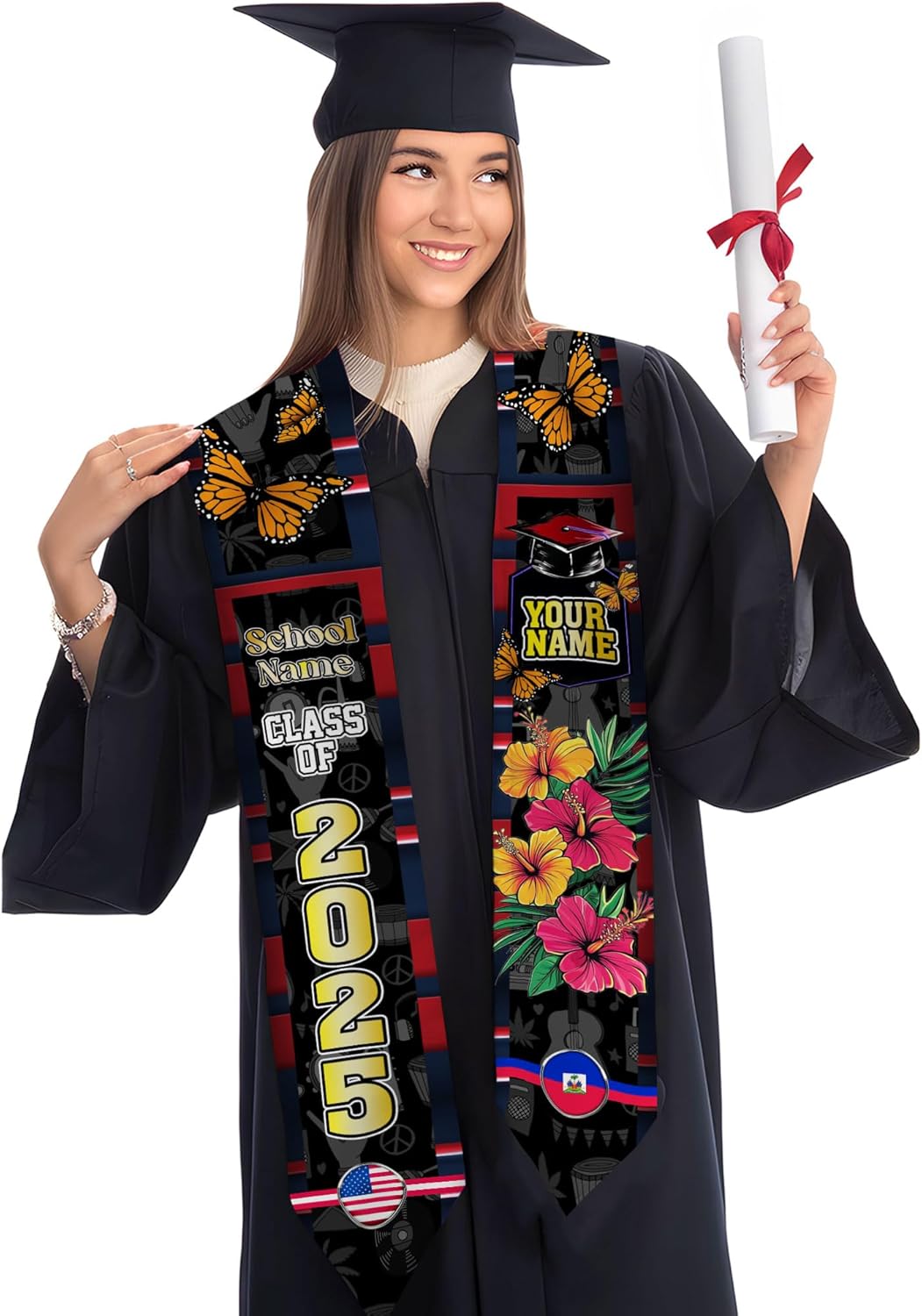 Pretyprints Haitians Graduation Sash, Haiti Graduation Stole Custom, Personalized Haitians American Flag Graduation Sash 2025